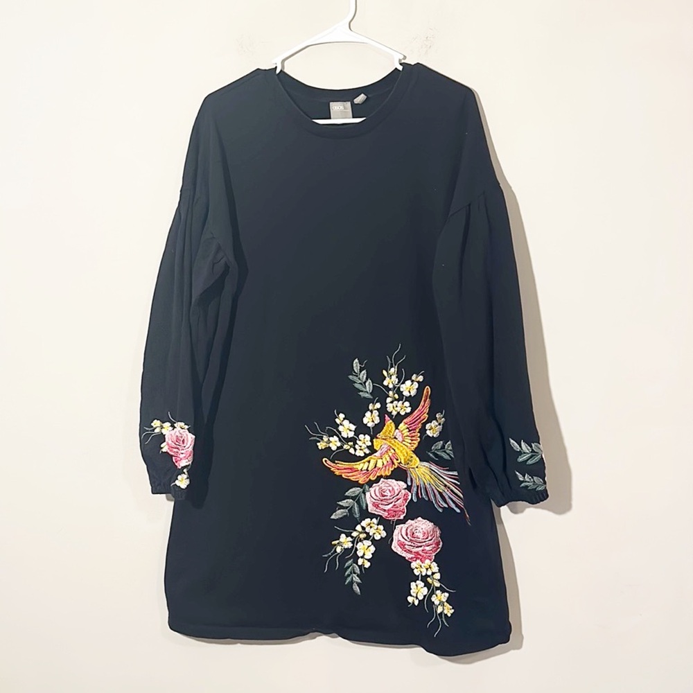 ASOS Black Embroidered Cotton Floral Bohemian Bird Dress women size 12